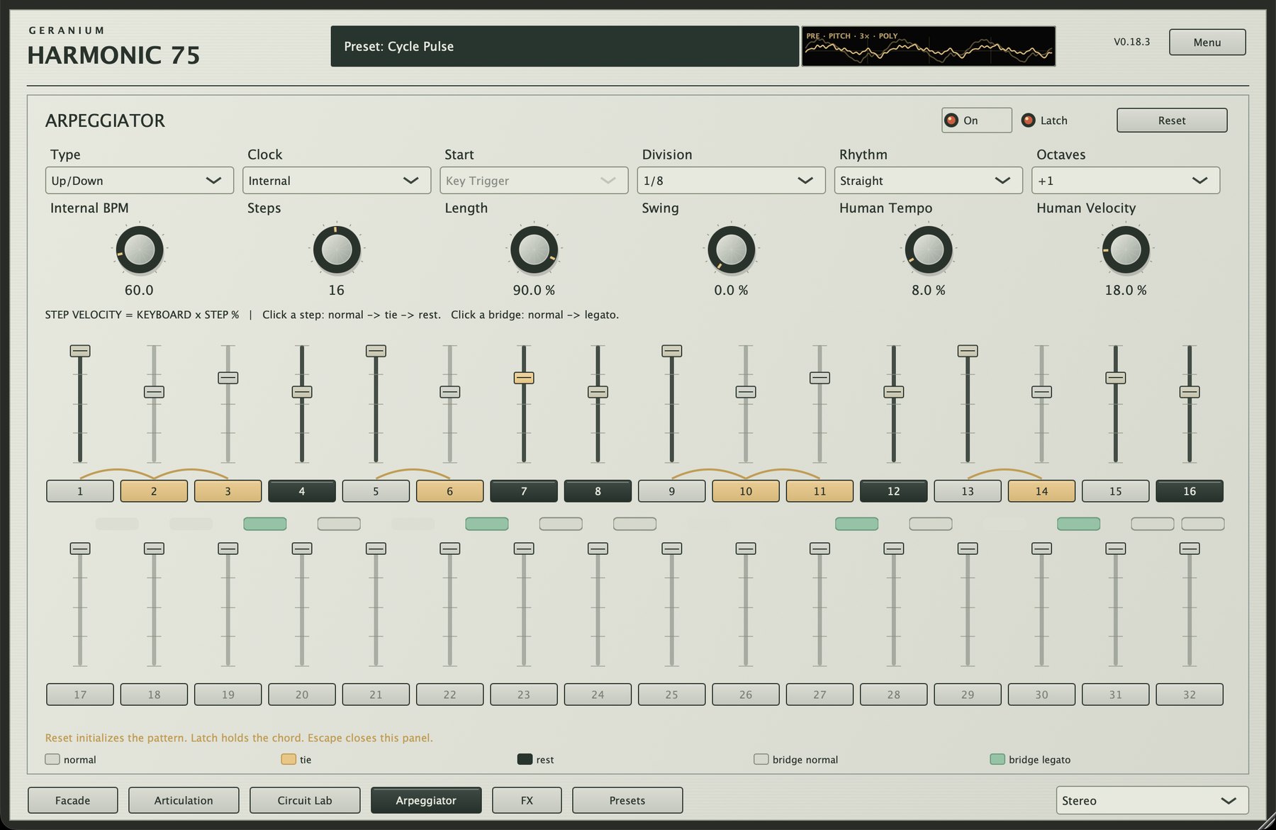 The arpeggiator of Geranium HARMONIC 75, with 32 steps, ties and legato bridges