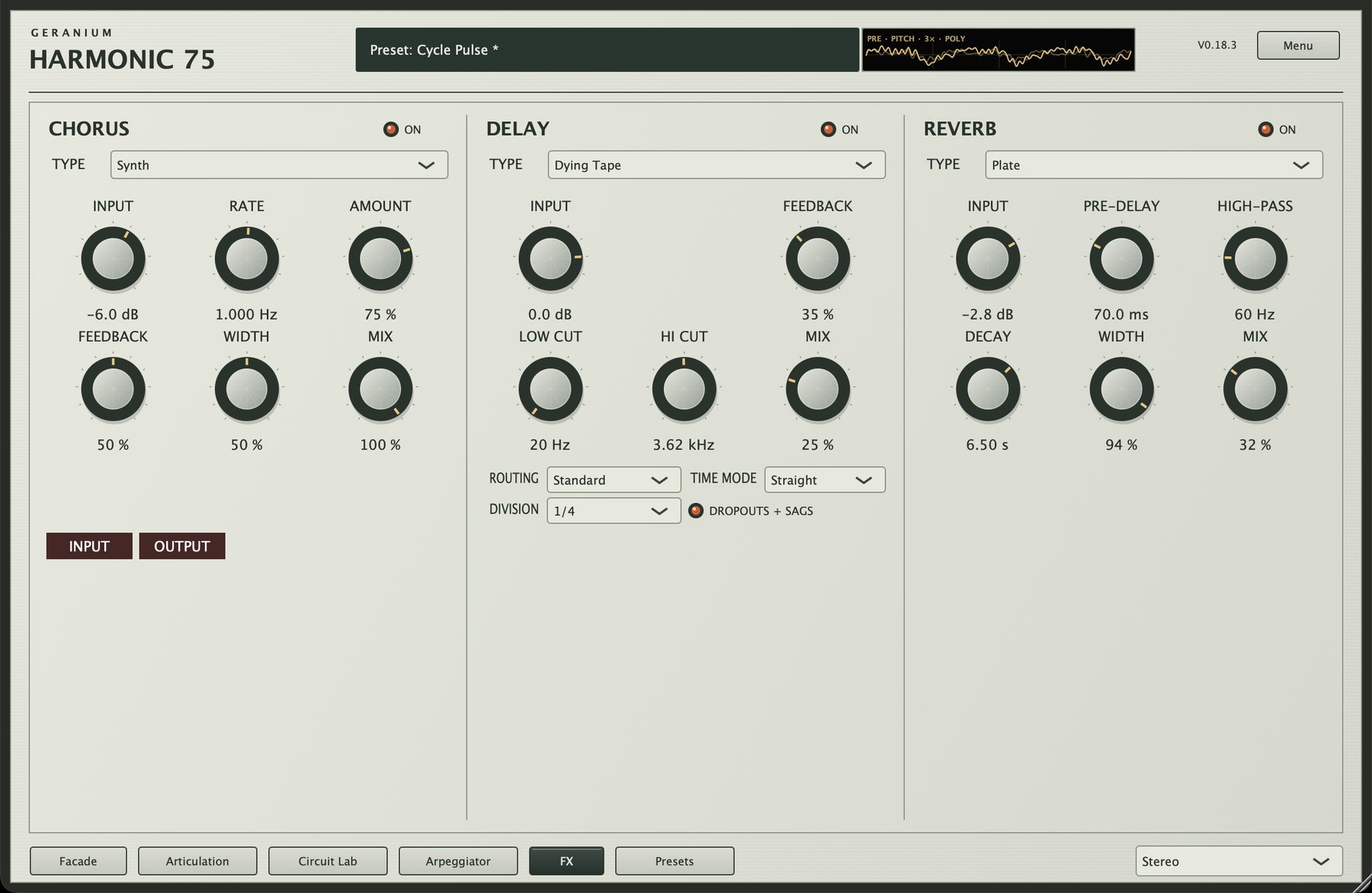 The effects section of Geranium HARMONIC 75: chorus, delay and reverb