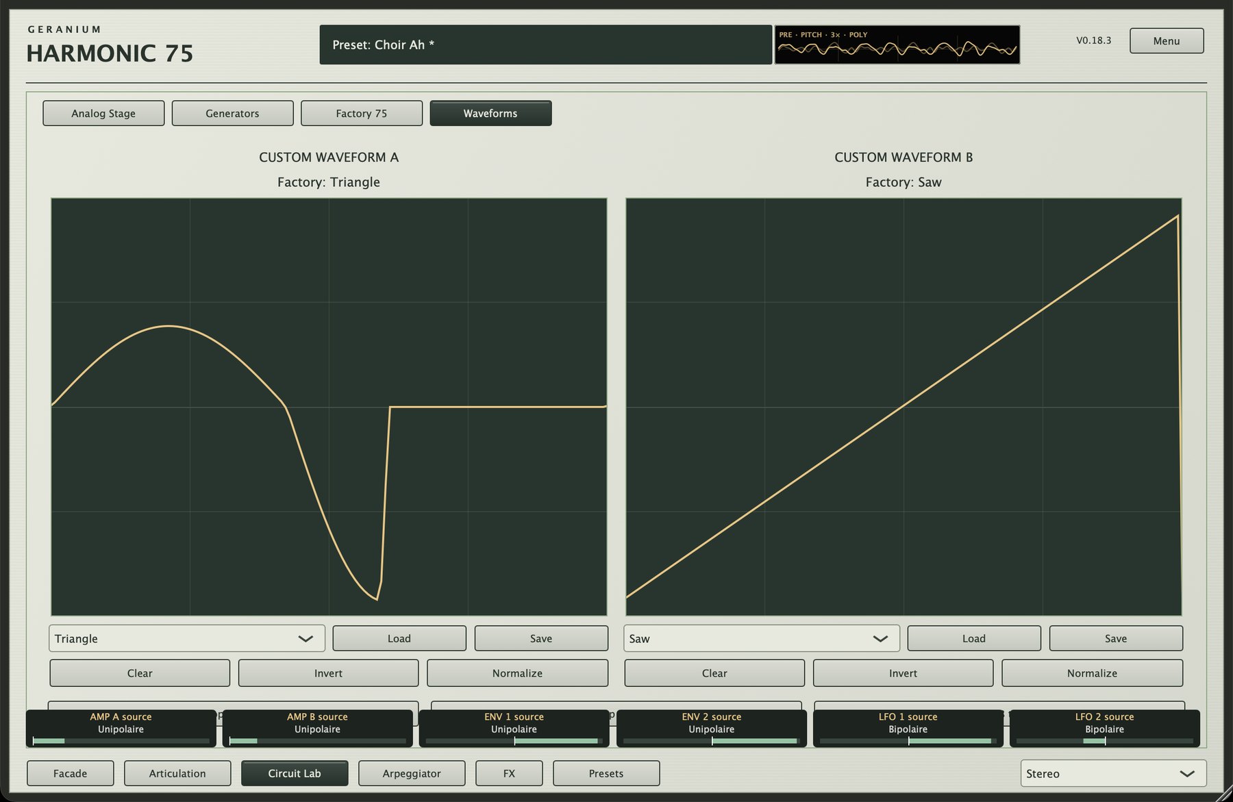 The custom waveform editor of Geranium HARMONIC 75