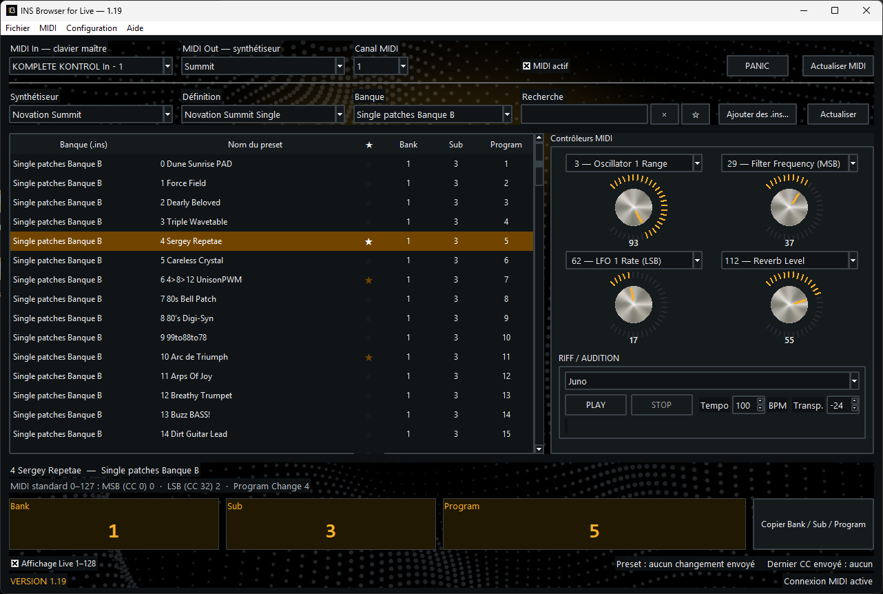 Interface d’INS Browser for Live affichant une bibliothèque de presets hardware